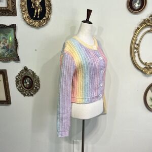 More To Come Raelyn Knit Cardigan Rainbow Pastel Ribbed Button Down Cropped XS